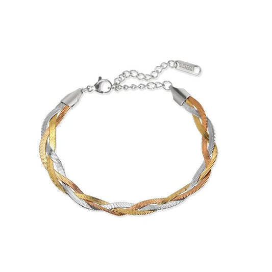 Βραχιόλι ατσάλινο με τριπλή αλυσίδα φίδι χρυσό ασημί και ροζ χρυσό (B1481) - bracelet - charmy.gr