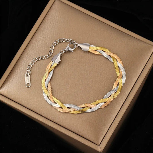 Γυναικείο βραχιόλι ατσάλινο με τριπλή αλυσίδα φίδι χρυσό ασημί και ροζ χρυσό (B1481) - bracelet - charmy.gr