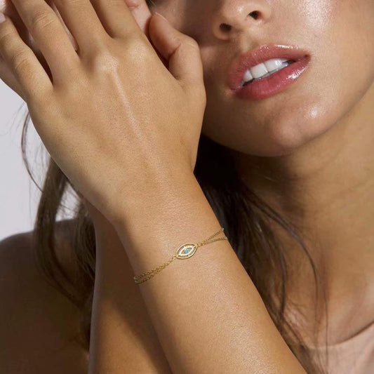 Γυναικείο βραχιόλι ατσάλινο ρυθμιζόμενο με διπλή αλυσίδα ματάκι επιχρυσωμένο 14k (B1202) - bracelet - charmy.gr