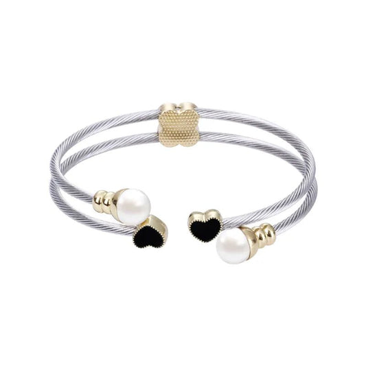 Βραχιόλι ατσάλινο χειροπέδα διπλή χρώμα ασημί με καρδιές και πέρλες (B1511) - bracelet - charmy.gr