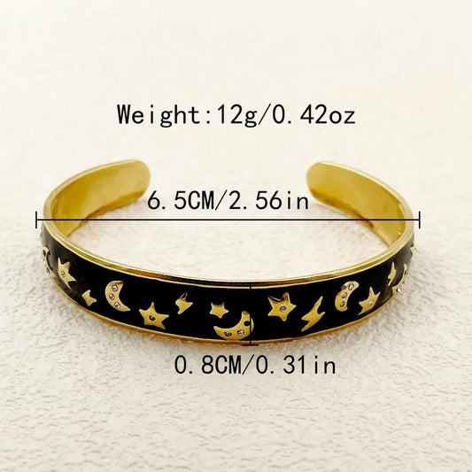 Γυναικείο βραχιόλι βέργα ατσάλινη με μαύρο σμάλτο αστέρια και φεγγάρια (B1536) - bracelet - charmy.gr