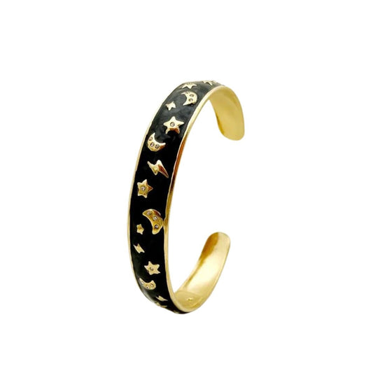 Βραχιόλι βέργα ατσάλινη με μαύρο σμάλτο αστέρια και φεγγάρια (B1536) - bracelet - charmy.gr