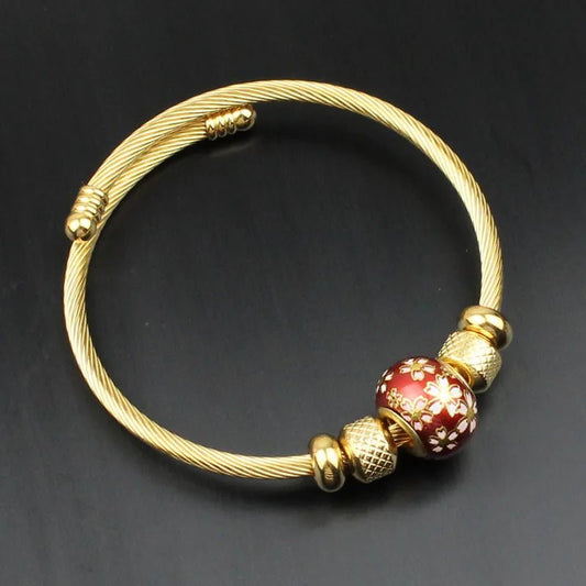 Γυναικείο βραχιόλι χειροπέδα ατσάλινη με κόκκινη χάντρα (B1496) - bracelet - charmy.gr