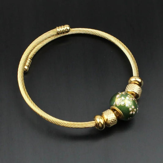 Γυναικείο βραχιόλι χειροπέδα ατσάλινη με πράσινη χάντρα (B1497) - bracelet - charmy.gr