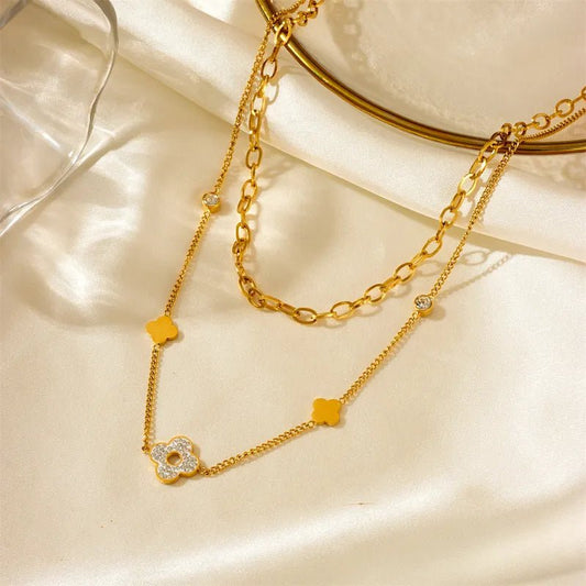 Κολιέ ατσάλινο διπλό επιχρυσωμένο 18k (N1552) - necklace - charmy.gr