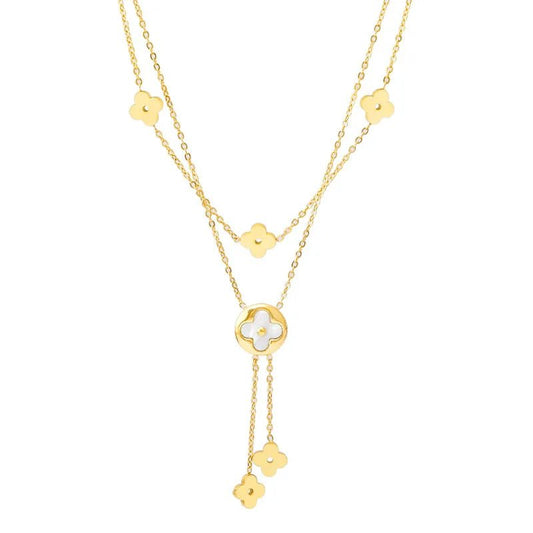 Κολιέ ατσάλινο διπλό με τετράφυλλα τριφύλλια επιχρυσωμένο (N1434) - necklace - charmy.gr