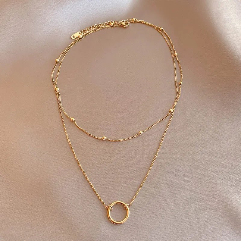 Γυναικείο κολιέ ατσάλινο διπλό με κυκλικό στοιχείο επιχρυσωμένο (N1483) - necklace - charmy.gr