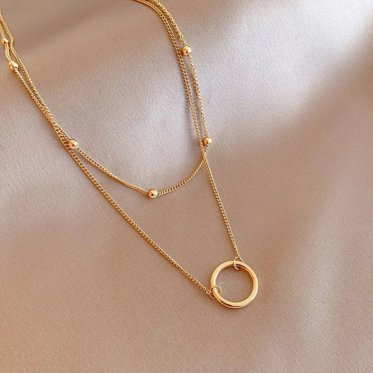 Γυναικείο κολιέ ατσάλινο διπλό με κυκλικό στοιχείο επιχρυσωμένο (N1483) - necklace - charmy.gr
