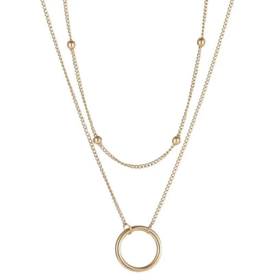 Κολιέ ατσάλινο διπλό με κυκλικό στοιχείο επιχρυσωμένο (N1483) - necklace - charmy.gr