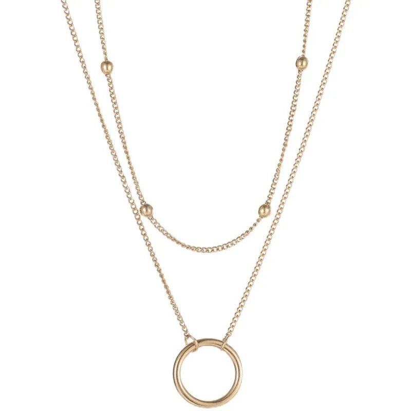 Κολιέ ατσάλινο διπλό με κυκλικό στοιχείο επιχρυσωμένο (N1483) - necklace - charmy.gr