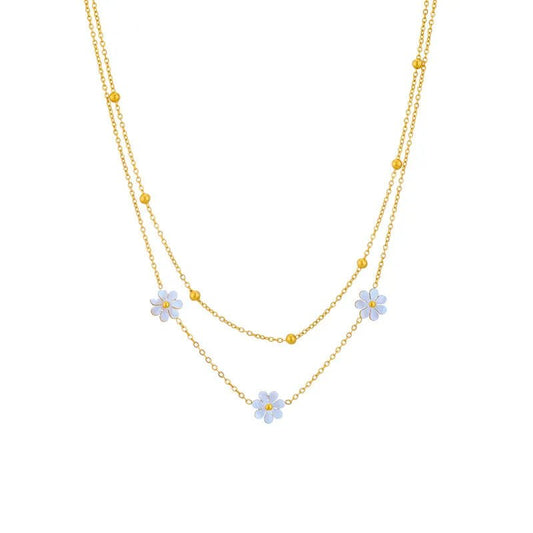 Κολιέ ατσάλινο διπλό με λουλούδια επιχρυσωμένο (N1470) - necklace - charmy.gr