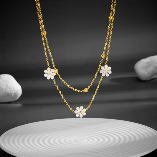 Γυναικείο κολιέ ατσάλινο διπλό με λουλούδια επιχρυσωμένο (N1470) - necklace - charmy.gr