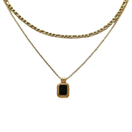 Κολιέ ατσάλινο διπλό με μενταγιόν με μαύρη πέτρα επιχρυσωμένο - necklace - charmy.gr