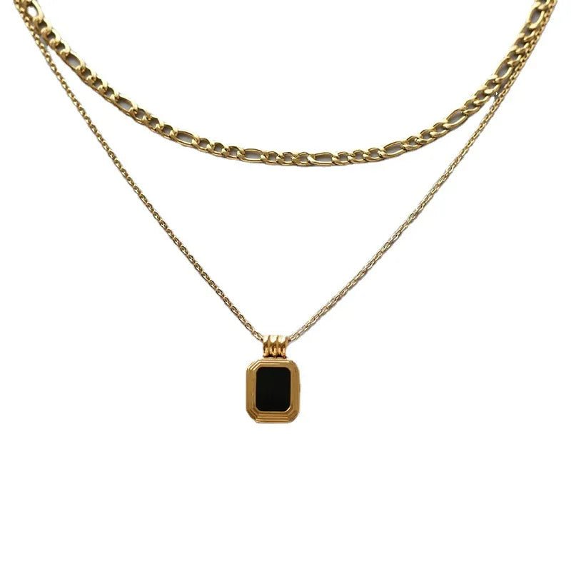 Κολιέ ατσάλινο διπλό με μενταγιόν με μαύρη πέτρα επιχρυσωμένο - necklace - charmy.gr