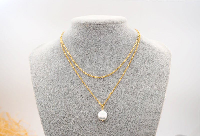 Κολιέ ατσάλινο διπλό layering με πέρλα επιχρυσωμένο (N1469) - necklace - charmy.gr