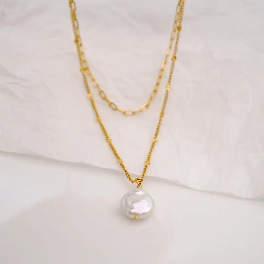 Κολιέ ατσάλινο διπλό layering με πέρλα επιχρυσωμένο (N1469) - necklace - charmy.gr