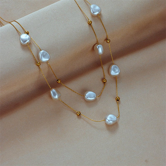 Γυναικείο κολιέ ατσάλινο διπλό με πέρλες επιχρυσωμένο (N1376) - necklace - charmy.gr