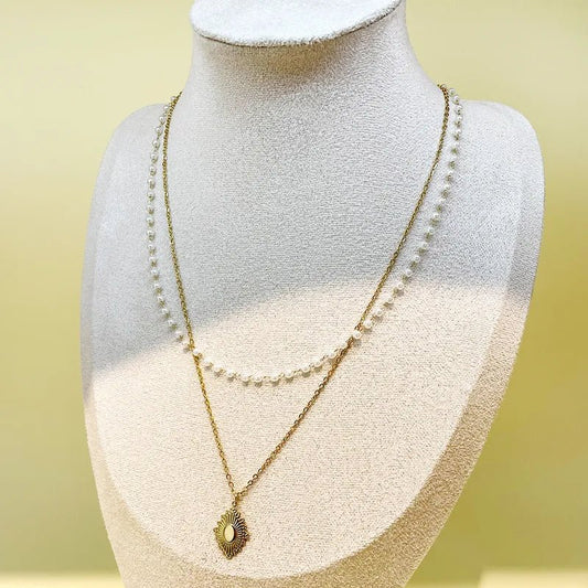 Κολιέ ατσάλινο διπλό με πέρλες επιχρυσωμένο - necklace - charmy.gr