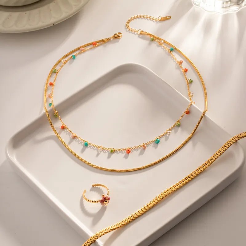 Γυναικείο κολιέ ατσάλινο διπλό με πολύχρωμες χάντρες επιχρυσωμένο 18k (N1474) - necklace - charmy.gr