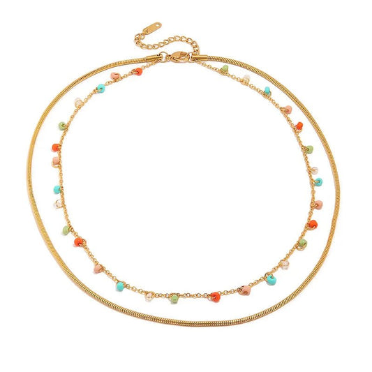 Κολιέ ατσάλινο διπλό με πολύχρωμες χάντρες επιχρυσωμένο 18k (N1474) - necklace - charmy.gr