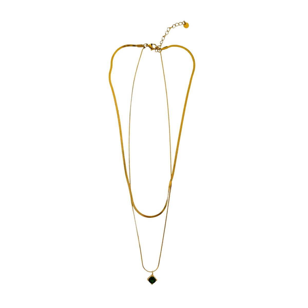 Γυναικείο κολιέ ατσάλινο διπλό με πράσινη πέτρα ζιργκόν επιχρυσωμένο 14k (N1396) - necklace - charmy.gr