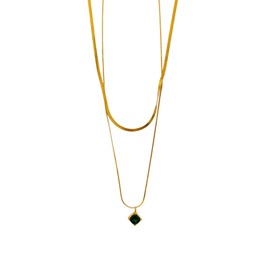 Κολιέ ατσάλινο διπλό με πράσινη πέτρα ζιργκόν επιχρυσωμένο 14k (N1396) - necklace - charmy.gr