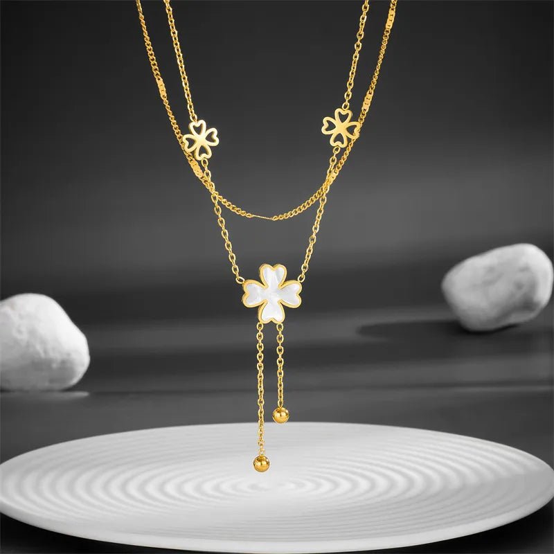 Γυναικείο κολιέ ατσάλινο διπλό με τετράφυλλα τριφύλλια επιχρυσωμένο 18k (N1401) - necklace - charmy.gr