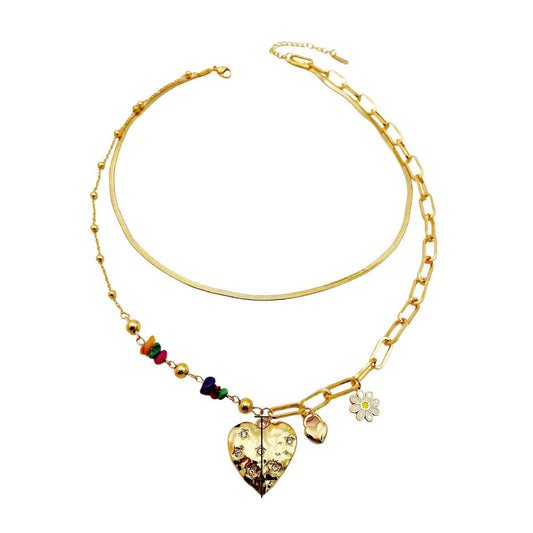 Κολιέ ατσάλινο διπλό με χάντρες και καρδιά μενταγιόν επιχρυσωμένο  - necklace - charmy.gr