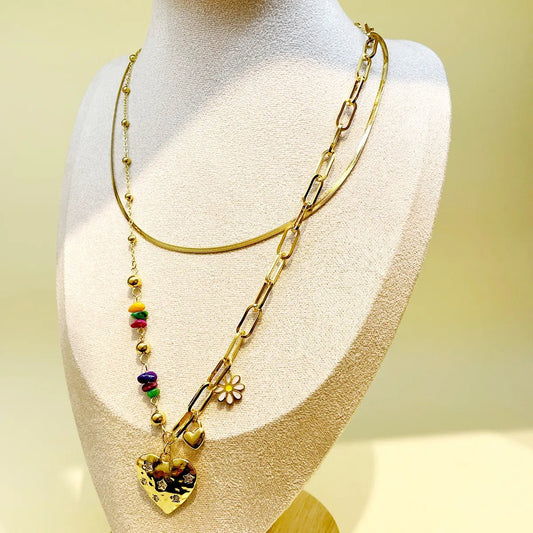 Γυναικείο κολιέ ατσάλινο διπλό με χάντρες και καρδιά μενταγιόν επιχρυσωμένο  - necklace - charmy.gr