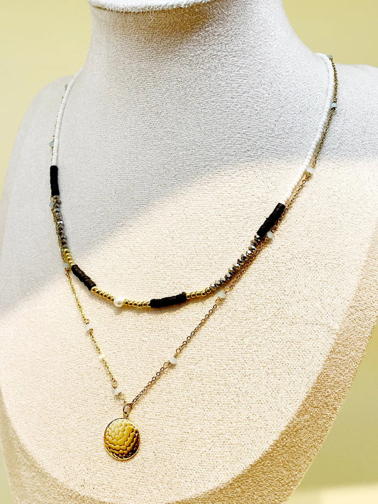 Κολιέ ατσάλινο διπλό με χάντρες και στρόγγυλο κρεμαστό μενταγιόν επιχρυσωμένο (N1415) - necklace - charmy.gr