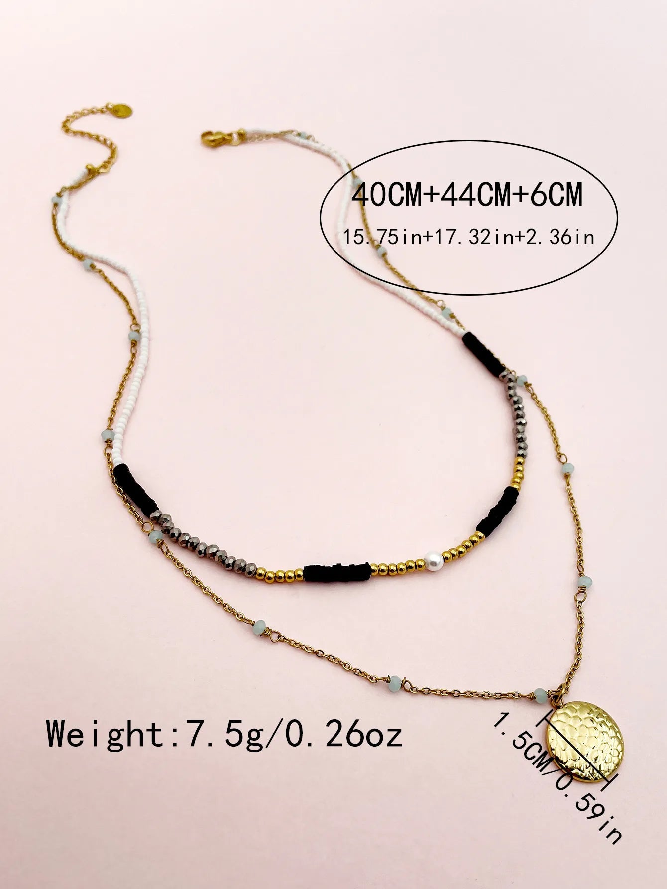Γυναικεία κολιέ ατσάλινο διπλό με χάντρες και στρόγγυλο κρεμαστό μενταγιόν επιχρυσωμένο (N1415) - necklace - charmy.gr