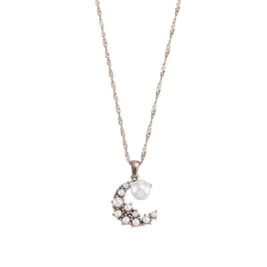 Κολιέ ατσάλινο φεγγάρι διακοσμημένο με πέρλες (N1128) - necklace - charmy.gr