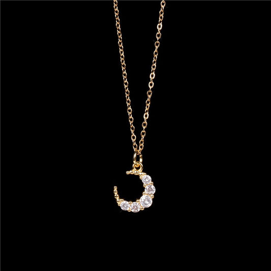 Γυναικείο κολιέ ατσάλινο φεγγάρι με ζιγκρόν επιχρυσωμένο (N1080)  - necklace - charmy.gr