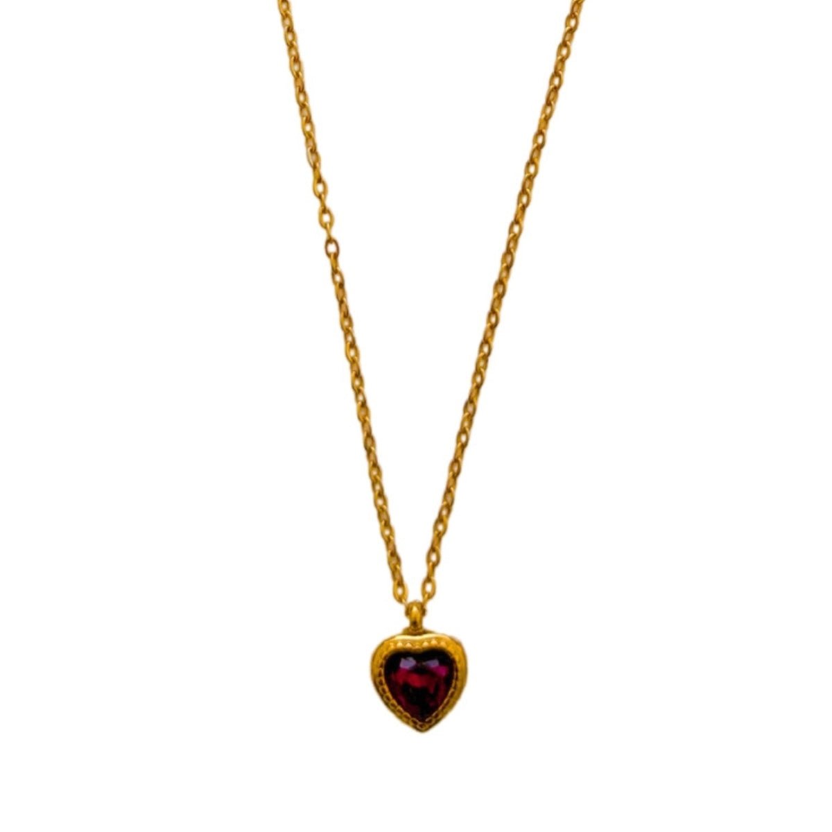 Κολιέ ατσάλινο καρδιά με κόκκινη πέτρα ζιργκόν επιχρυσωμένο - necklace - charmy.gr