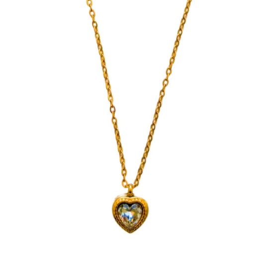 Κολιέ ατσάλινο καρδιά με λευκή πέτρα ζιργκόν επιχρυσωμένο - necklace - charmy.gr