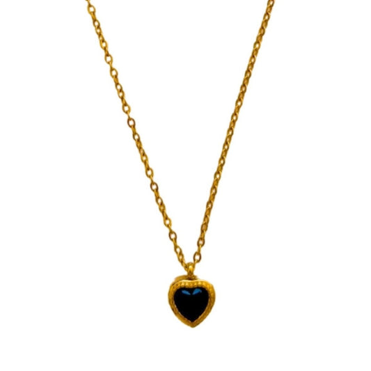 Κολιέ ατσάλινο καρδιά με μαύρη πέτρα ζιργκόν επιχρυσωμένο - necklace - charmy.gr