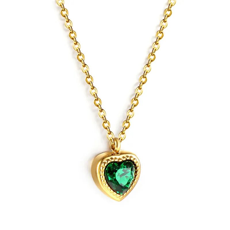 Γυναικείο κολιέ ατσάλινο καρδιά με πράσινη πέτρα ζιργκόν επιχρυσωμένο - necklace - charmy.gr