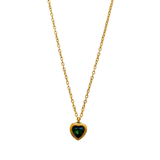 Κολιέ ατσάλινο καρδιά με πράσινη πέτρα ζιργκόν επιχρυσωμένο - necklace - charmy.gr