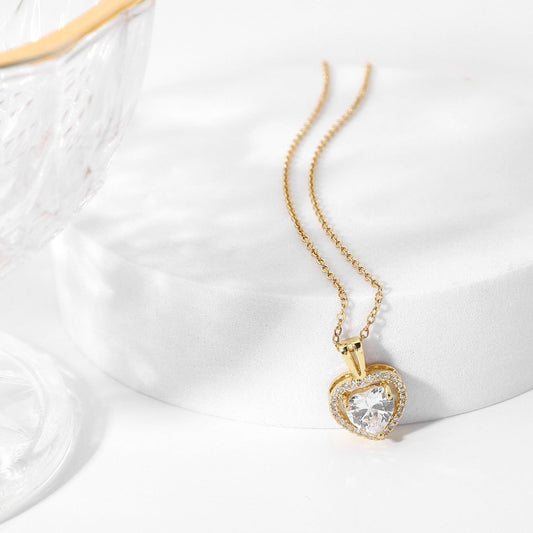 Γυναικείο κολιέ ατσάλινο καρδιά με ζιργκόν επιχρυσωμένο (N1081)  - necklace - charmy.gr