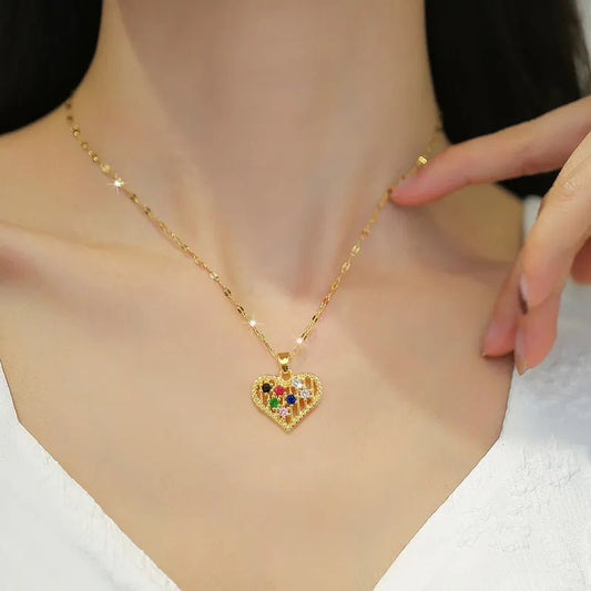 Γυναικείο κολιέ ατσάλινο καρδιά με ζιργκόν επιχρυσωμένο (N1384) - necklace - charmy.gr
