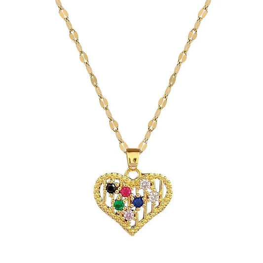 Κολιέ ατσάλινο καρδιά με ζιργκόν επιχρυσωμένο (N1384) - necklace - charmy.gr