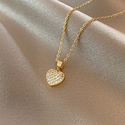 Κολιέ ατσάλινο καρδιά με ζιργκόν επιχρυσωμένο - necklace - charmy.gr