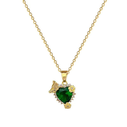 Κολιέ ατσάλινο καρδιά ροζέτα με πράσινη πέτρα ζιργκόν επιχρυσωμένο (N1382) - necklace - charmy.gr