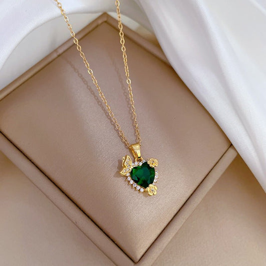 Γυναικείο κολιέ ατσάλινο καρδιά ροζέτα με πράσινη πέτρα ζιργκόν επιχρυσωμένο (N1382) - necklace - charmy.gr