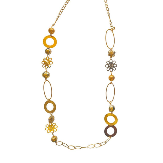 Κολιέ ατσάλινο μακρύ 100 εκατοστά με λουλούδια και κυκλικά σχέδια επιχρυσωμένο (N1454)  - necklace - charmy.gr