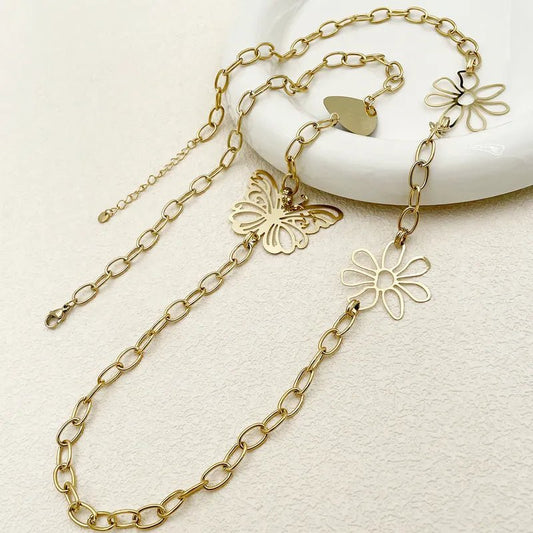 Γυναικείο κολιέ ατσάλινο μακρύ 100 εκατοστά με πεταλούδα και λουλούδια επιχρυσωμένο (N1464) - necklace - charmy.gr