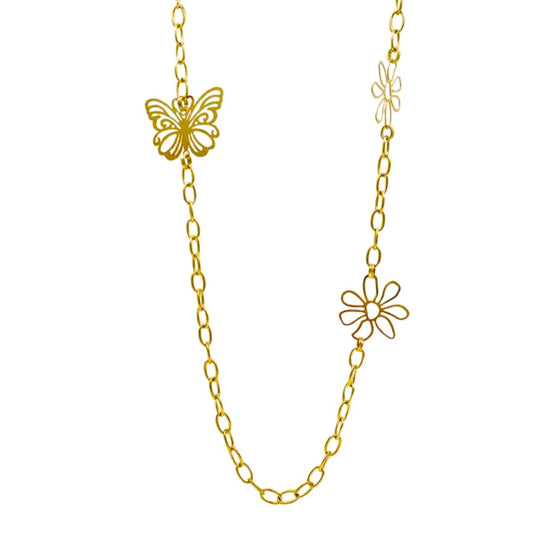 Κολιέ ατσάλινο μακρύ 100 εκατοστά με πεταλούδα και λουλούδια επιχρυσωμένο (N1464) - necklace - charmy.gr