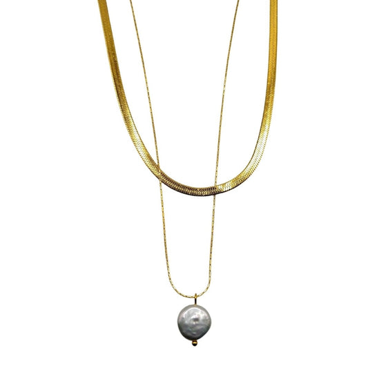 Κολιέ ατσάλινο με διπλή αλυσίδα και πέρλα επιχρυσωμένο 18k (N1126) - necklace - charmy.gr