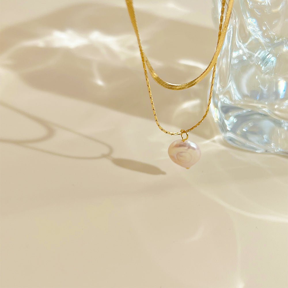 Γυναικείο κολιέ ατσάλινο με διπλή αλυσίδα και πέρλα επιχρυσωμένο 18k (N1126) - necklace - charmy.gr