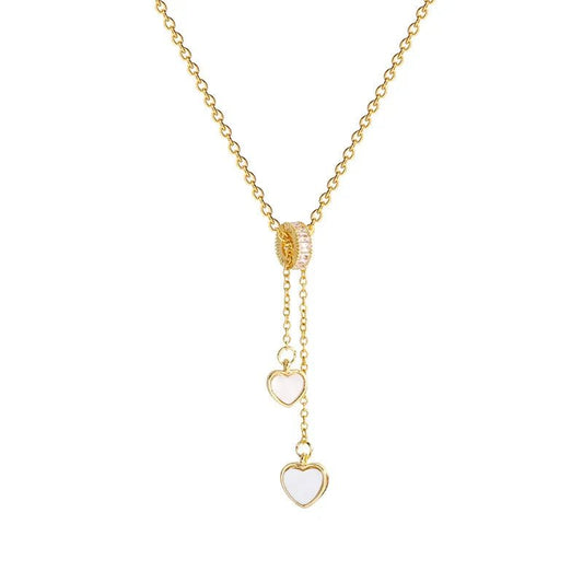 Κολιέ ατσάλινο με ροδέλα και δύο λευκές καρδιές επιχρυσωμένο (N1366) - necklace - charmy.gr